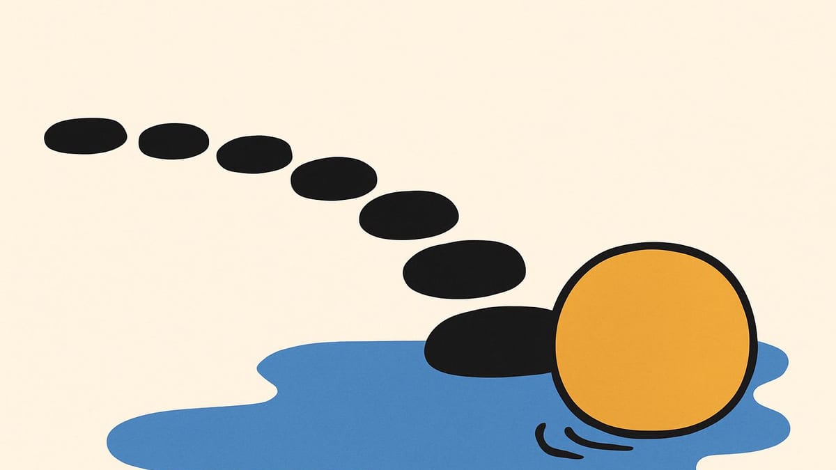 a row of eight stepping stones across water, the last one twice the size of the rest