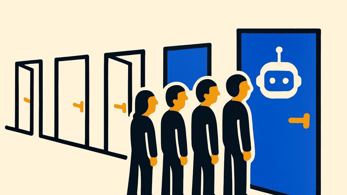 five doors in a corridor, four standing open and one with a queue of people in front of it five doors in a corridor, four standing open and one with a queue of people in front of it