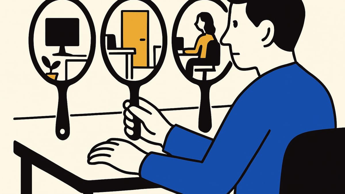 three hand mirrors on a desk, each showing a different part of the same office