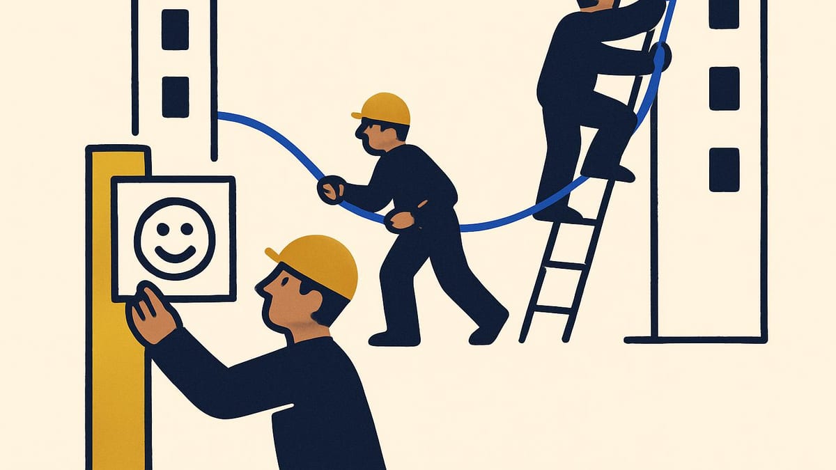 two engineers laying a cable between two buildings while a third pins a sign-off card to a post