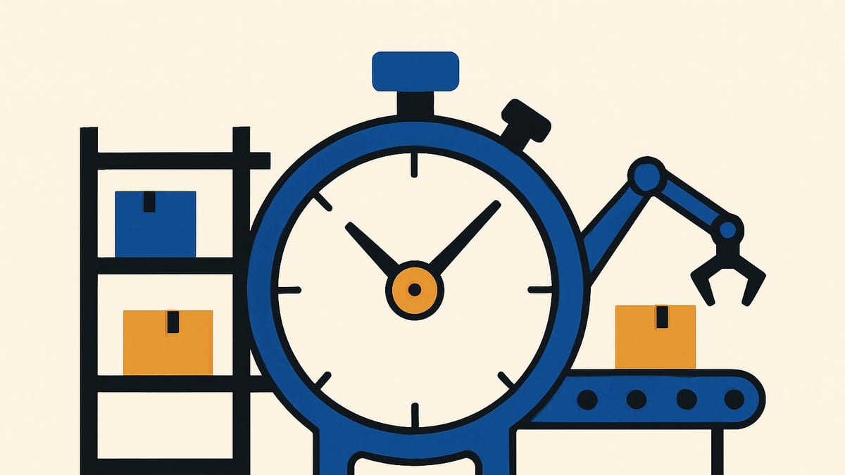 a stopwatch shaped like a gate between a warehouse shelf and a running production line