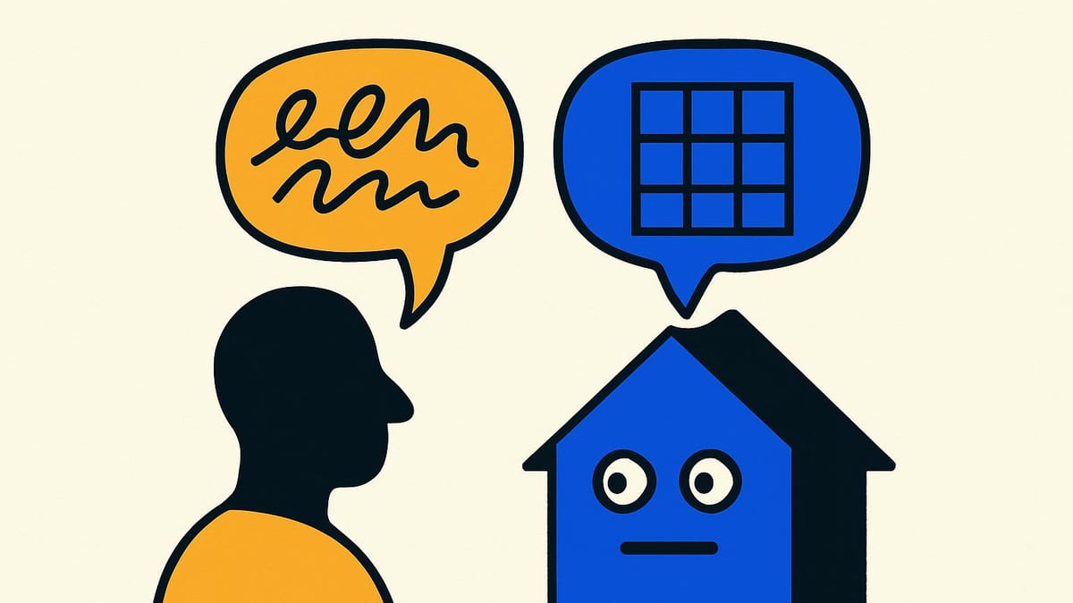 two speech bubbles rising from one household, one full of loose handwriting, one a neat grid of blocks two speech bubbles rising from one household, one full of loose handwriting, one a neat grid of blocks