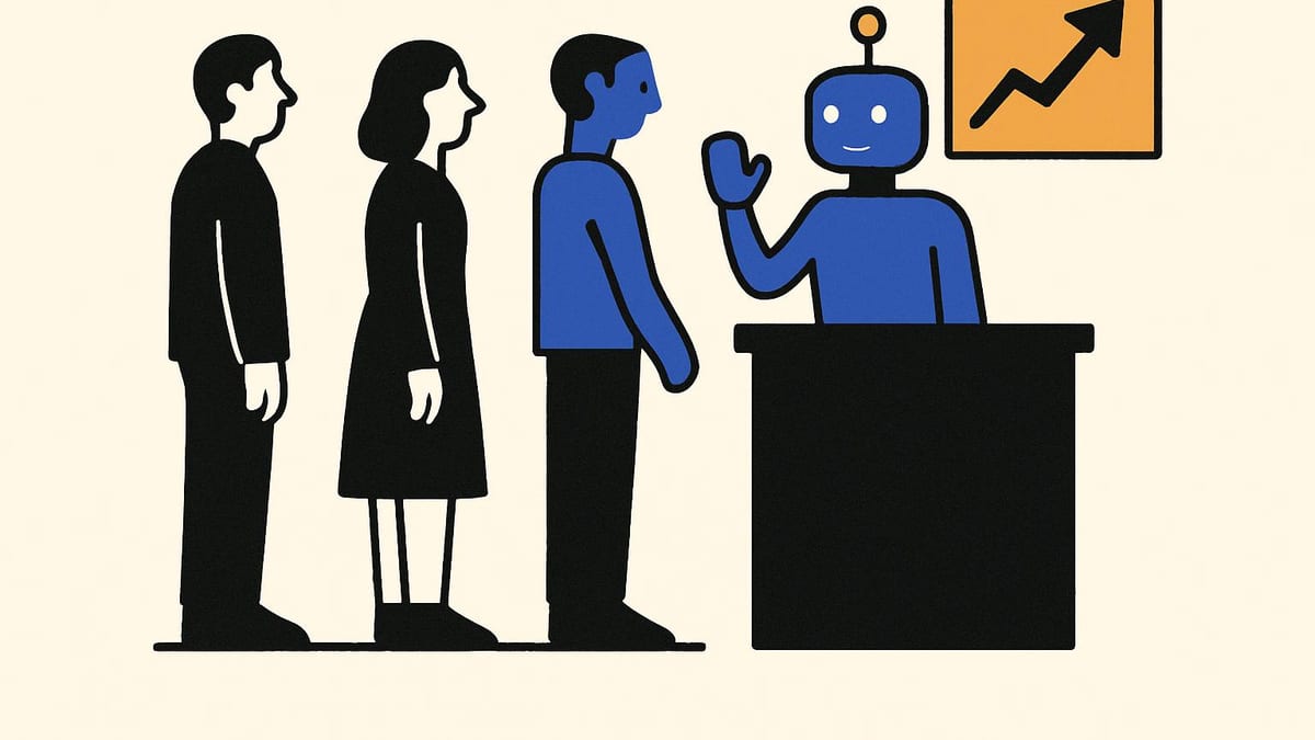 a queue of customers on a Monday morning growing shorter, with a small dashboard beside it showing a single measured outcome