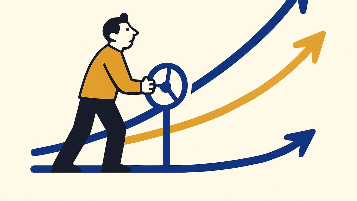 three lines climbing a chart, with a small figure holding a steering wheel connected to only the lowest line