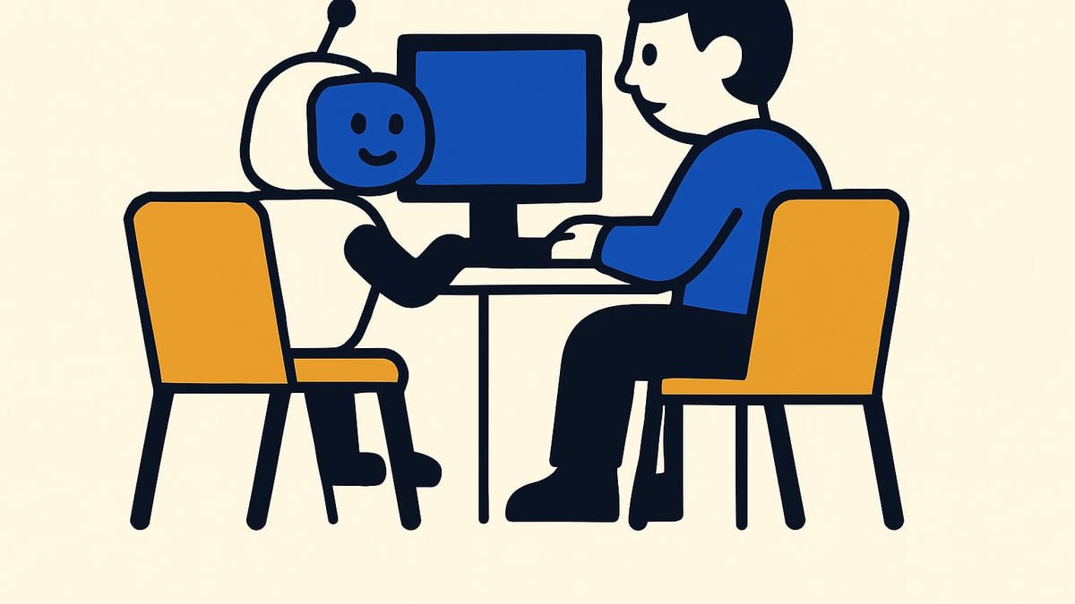 two chairs pulled up to one screen, one occupied by a person and one by a small friendly machine leaning in to look two chairs pulled up to one screen, one occupied by a person and one by a small friendly machine leaning in to look