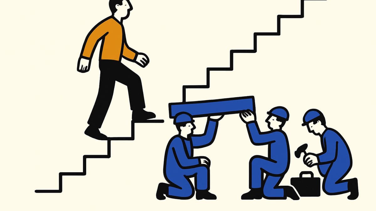 a single step in a long staircase being rebuilt by a small crew while the rest of the staircase stands untouched a single step in a long staircase being rebuilt by a small crew while the rest of the staircase stands untouched