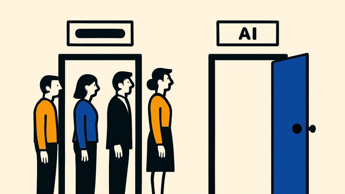 two office doors side by side, one with a queue of people waiting and one standing wide open with nobody near it two office doors side by side, one with a queue of people waiting and one standing wide open with nobody near it