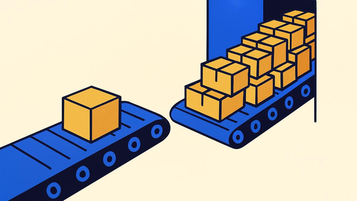two conveyor belts side by side, one carrying a single parcel, the other carrying hundreds, both feeding the same open door two conveyor belts side by side, one carrying a single parcel, the other carrying hundreds, both feeding the same open door