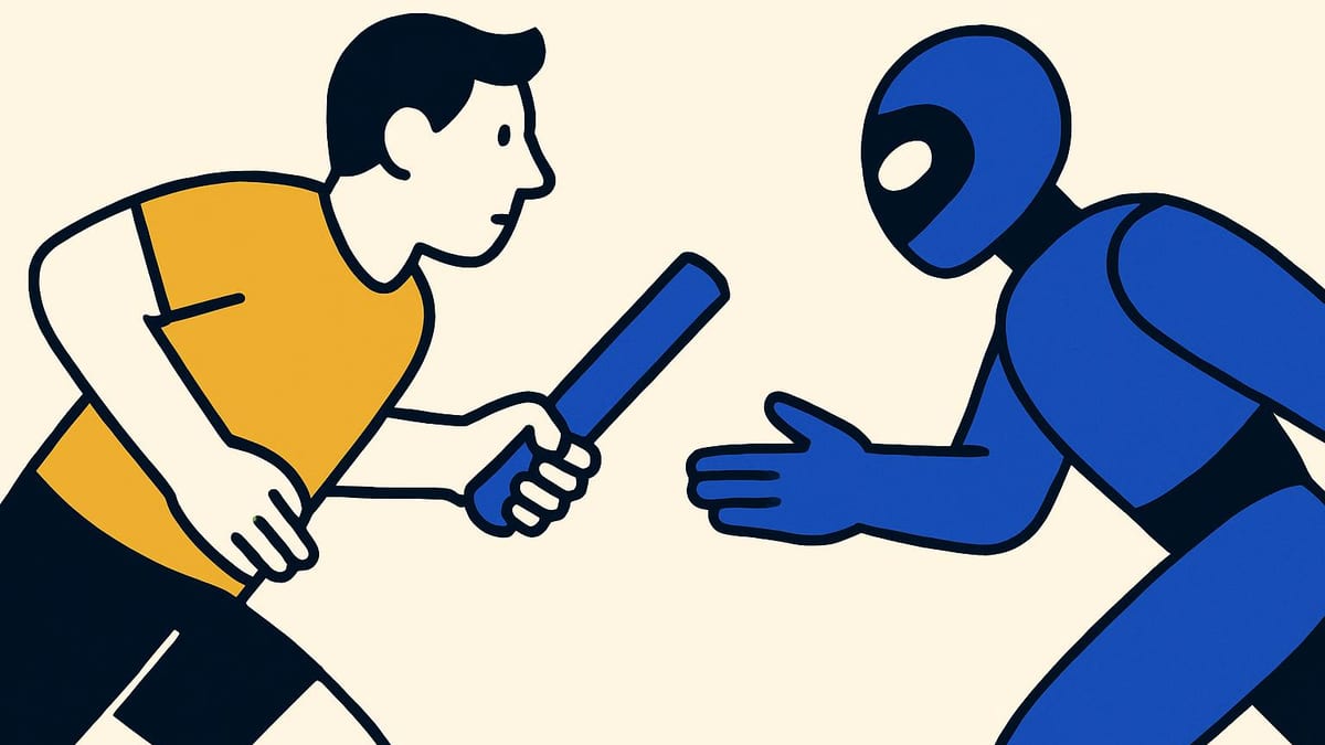 a relay race where the first runner holds out a full baton and the second runner reaches for an empty hand