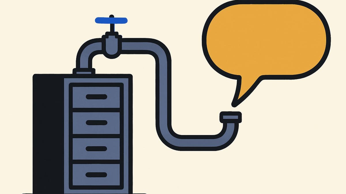 a pipe running from a filing cabinet to a speech bubble, with a small tap halfway along a pipe running from a filing cabinet to a speech bubble, with a small tap halfway along