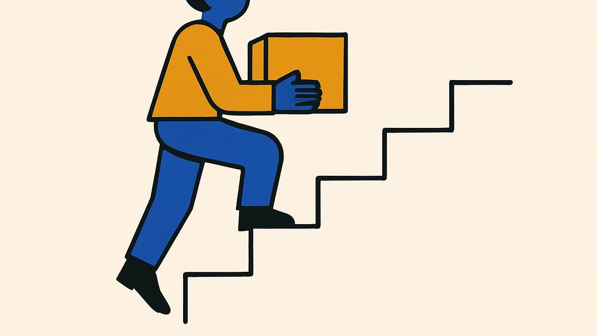 a person on the second tread of a five step staircase, carrying one box, with three empty treads above