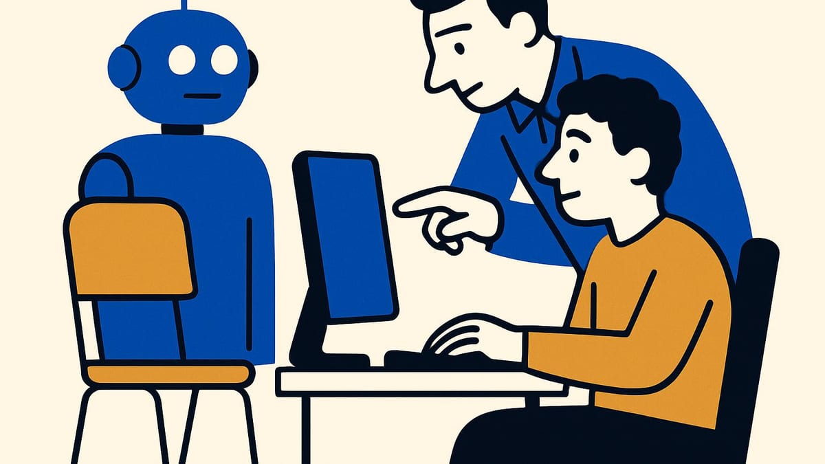 a team lead standing at a colleague's desk, both looking at the same screen, a third person waiting with a chair a team lead standing at a colleague's desk, both looking at the same screen, a third person waiting with a chair