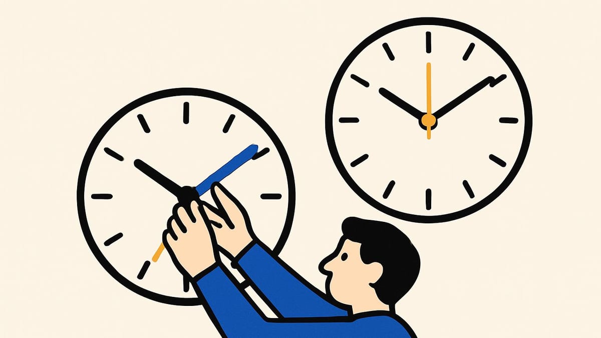 two clocks on a wall running at clearly different speeds, with one pair of hands trying to turn the slow one two clocks on a wall running at clearly different speeds, with one pair of hands trying to turn the slow one