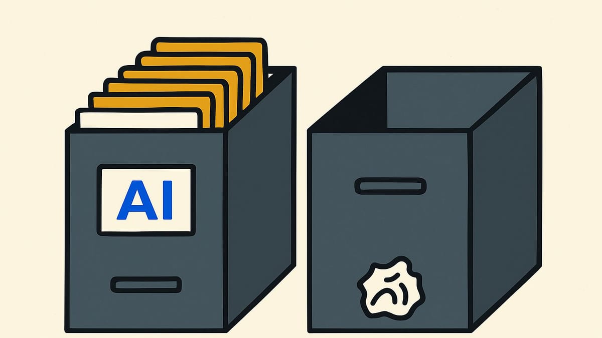 two filing cabinets, one neatly labelled and full, one with a single crumpled note inside