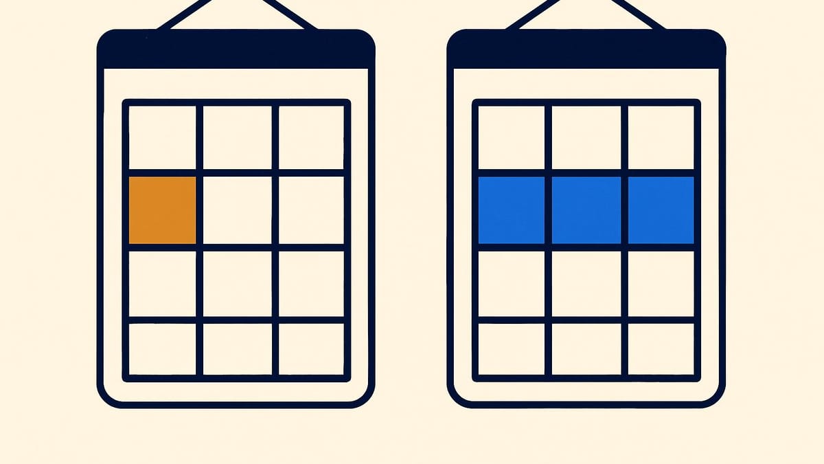 a side-by-side of two calendars, one marked in short quarters, the other in long uninterrupted stretches a side-by-side of two calendars, one marked in short quarters, the other in long uninterrupted stretches