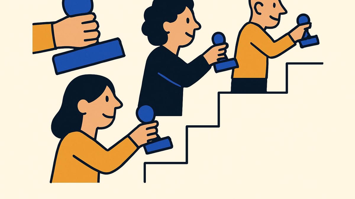 a staircase where each step shows a different person holding a stamp, and the stamps get smaller towards the top