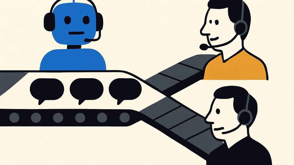 a conveyor belt of customer conversations splitting into two lanes, one automated and one with a human at the end