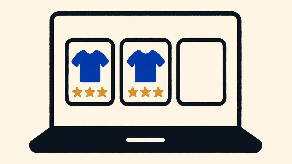 a laptop screen showing three product cards side by side, with one card left empty a laptop screen showing three product cards side by side, with one card left empty