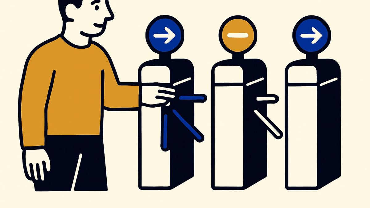 a row of three turnstiles, two of them open and one still shut a row of three turnstiles, two of them open and one still shut