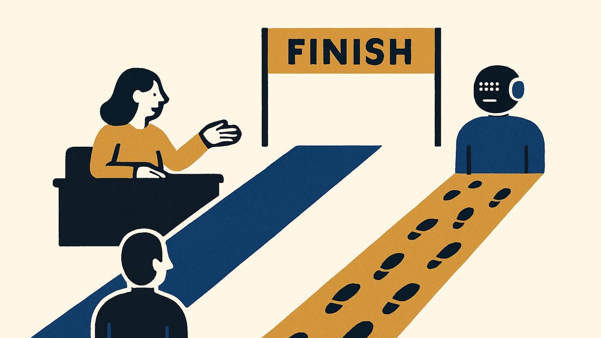 two parallel paths from a desk to a finish line, one paved and empty, one a worn dirt track full of footprints