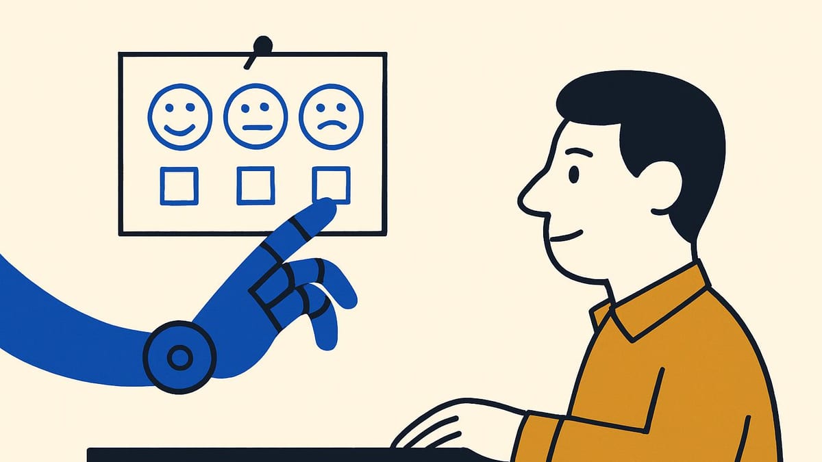 a one-page form with three columns pinned above a desk, a robot hand reaching for it