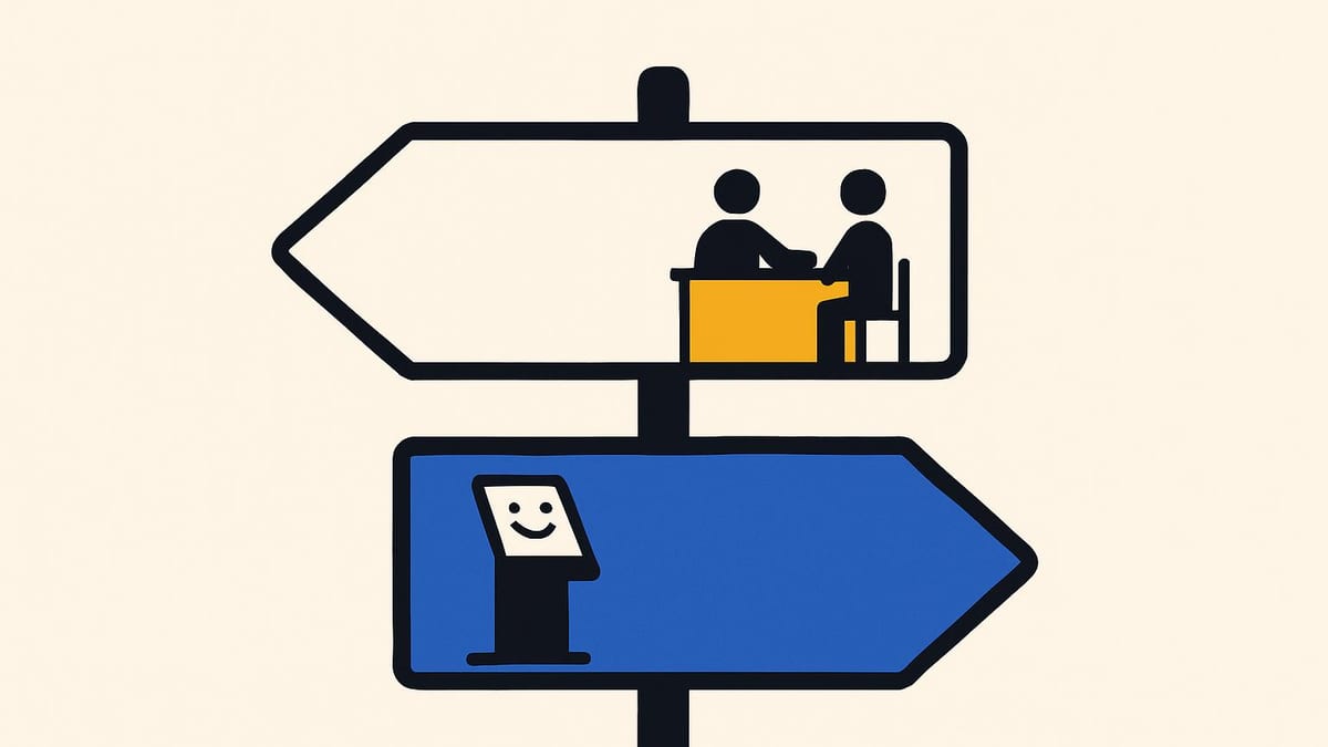 a trail sign with two arrows, one pointing to a staffed desk and one pointing to a self service kiosk, both the same size a trail sign with two arrows, one pointing to a staffed desk and one pointing to a self service kiosk, both the same size