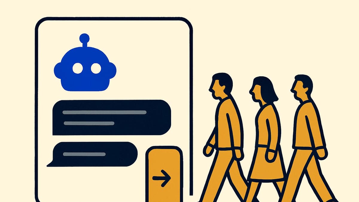a chat interface with a clearly marked door-shaped button in the corner, a small queue of people walking towards it a chat interface with a clearly marked door-shaped button in the corner, a small queue of people walking towards it
