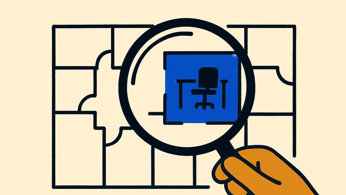 a magnifying glass held over an office floor plan, showing one room in sharp detail and the rest unchanged a magnifying glass held over an office floor plan, showing one room in sharp detail and the rest unchanged