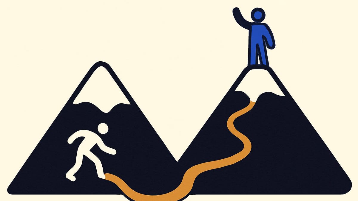 two mountain shapes side by side, one with a figure climbing down into a valley and one with a figure standing on top waving, the same path running between them