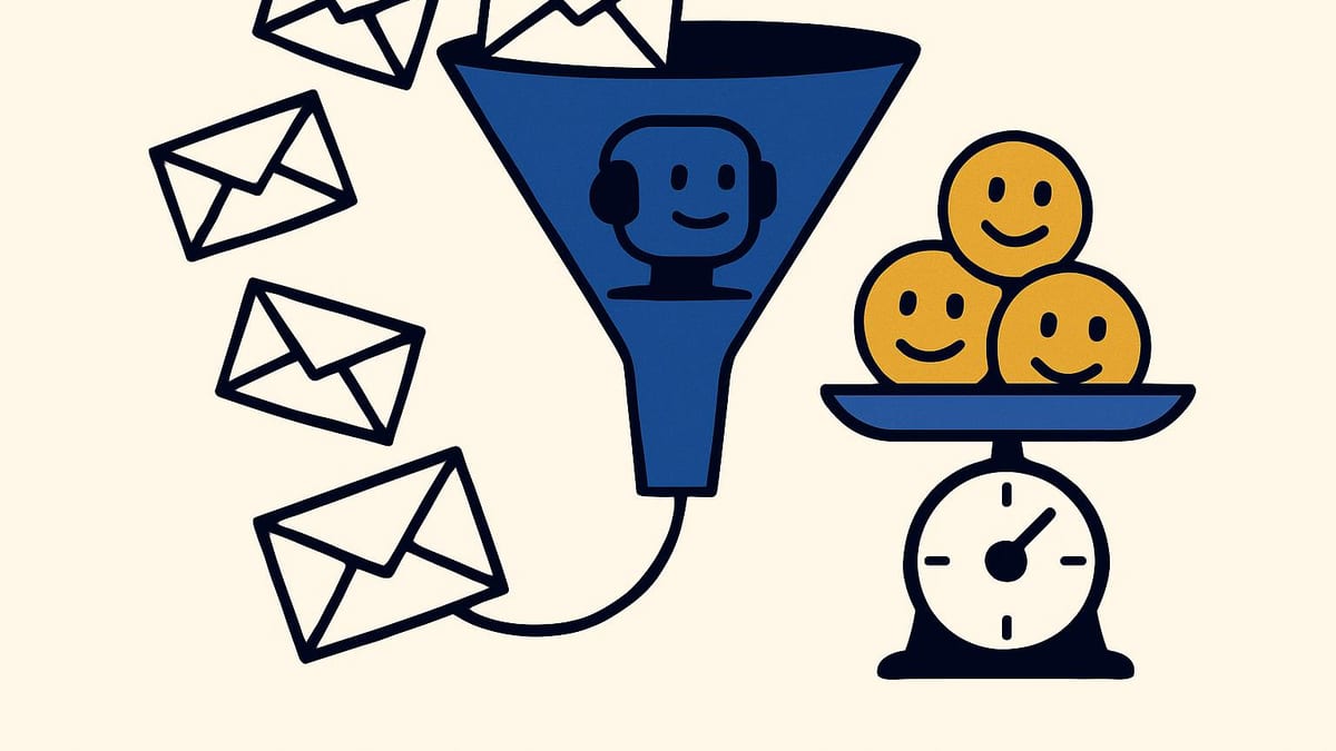a queue of small envelopes going into a funnel, with a handful coming out the other side onto a scale