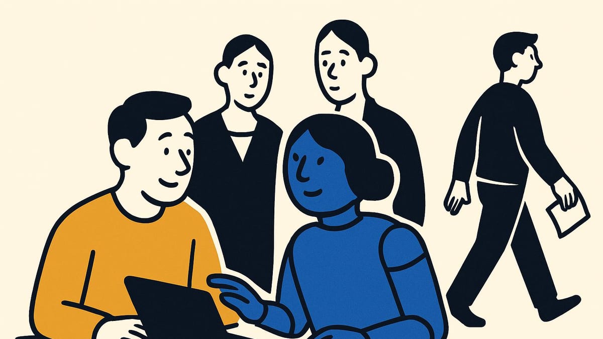 two people at one laptop, a third watching over their shoulder, a fourth already walking back to their own desk two people at one laptop, a third watching over their shoulder, a fourth already walking back to their own desk