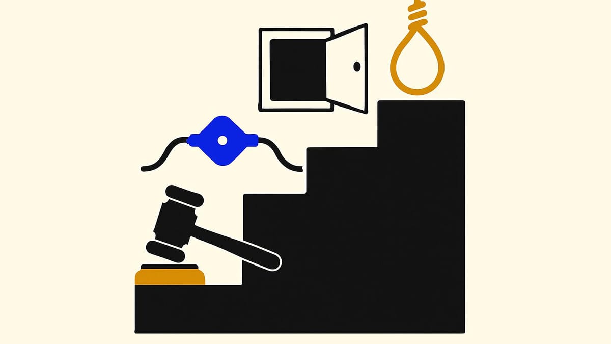 a staircase of four steps, each step holding a different object: a gavel, a cable junction, an open hatch in a wall, and a loop of rope that returns to itself a staircase of four steps, each step holding a different object: a gavel, a cable junction, an open hatch in a wall, and a loop of rope that returns to itself