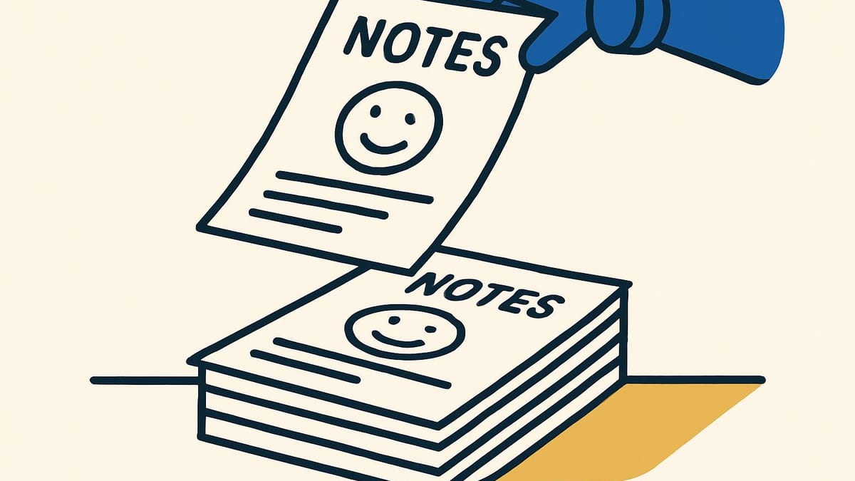 a stack of handwritten call notes on a desk, with a single sheet lifted out of the pile
