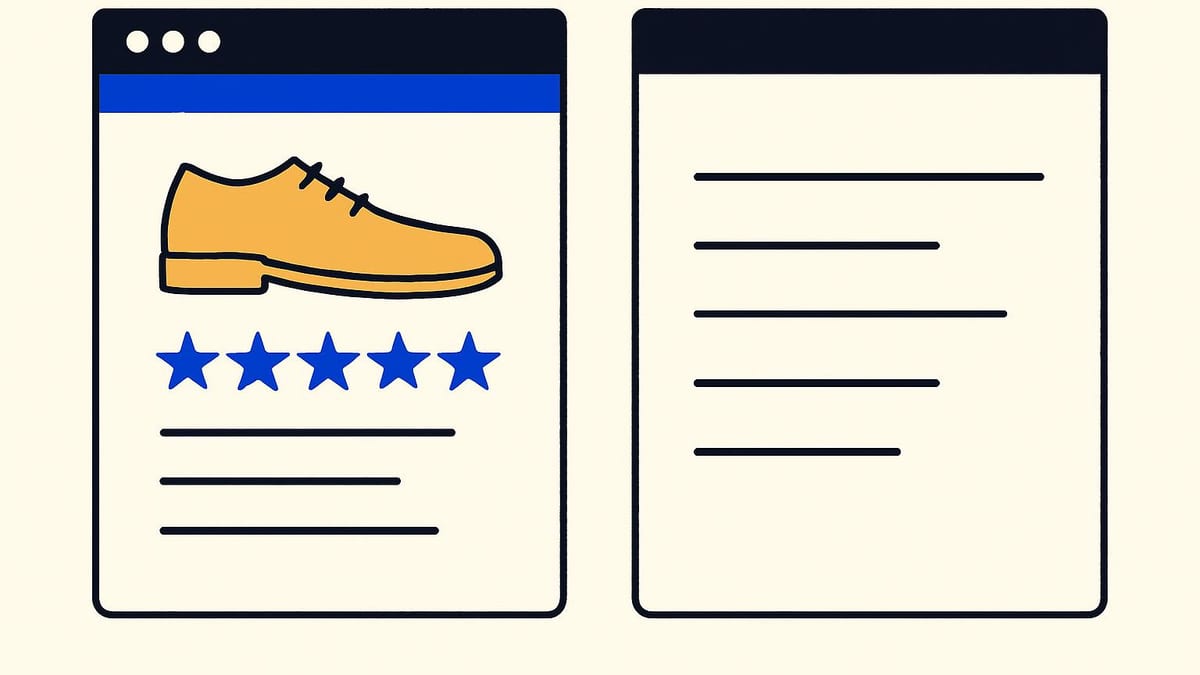 a product page shown twice side by side, one version with photographs and one version as a plain structured list a product page shown twice side by side, one version with photographs and one version as a plain structured list