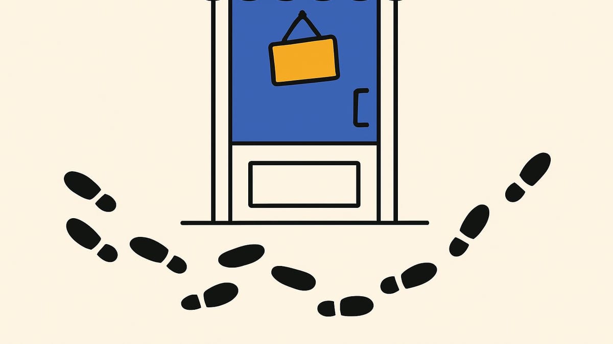 a trail of footprints arriving at a shop door, with a second set of footprints already leaving a trail of footprints arriving at a shop door, with a second set of footprints already leaving