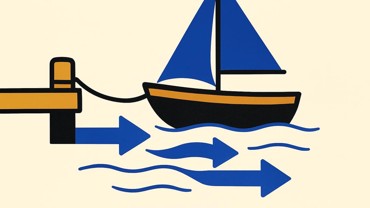 a small boat tied to a dock while three different currents run past it in different directions