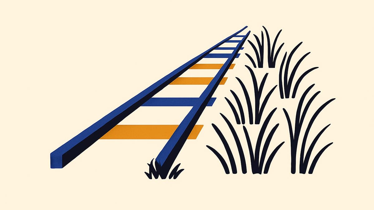 a railway track laid across an empty landscape, one half shiny and new, the other half overgrown