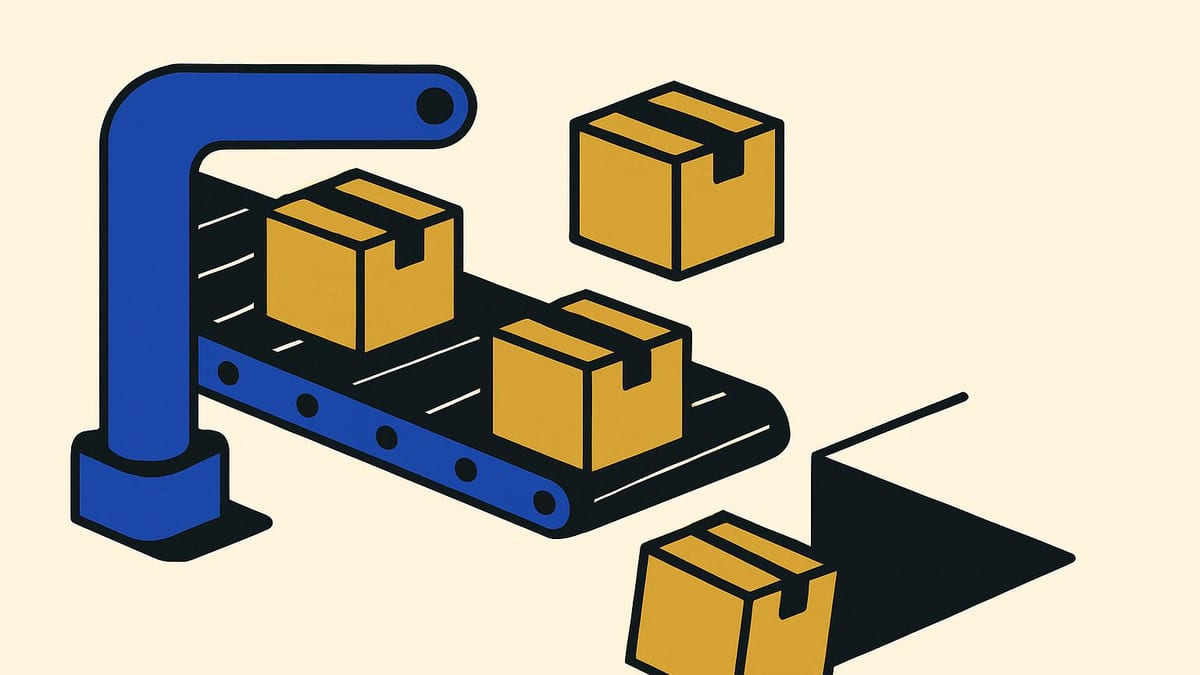a factory conveyor belt where finished parcels drop off the end into an empty space where the catching table used to be a factory conveyor belt where finished parcels drop off the end into an empty space where the catching table used to be