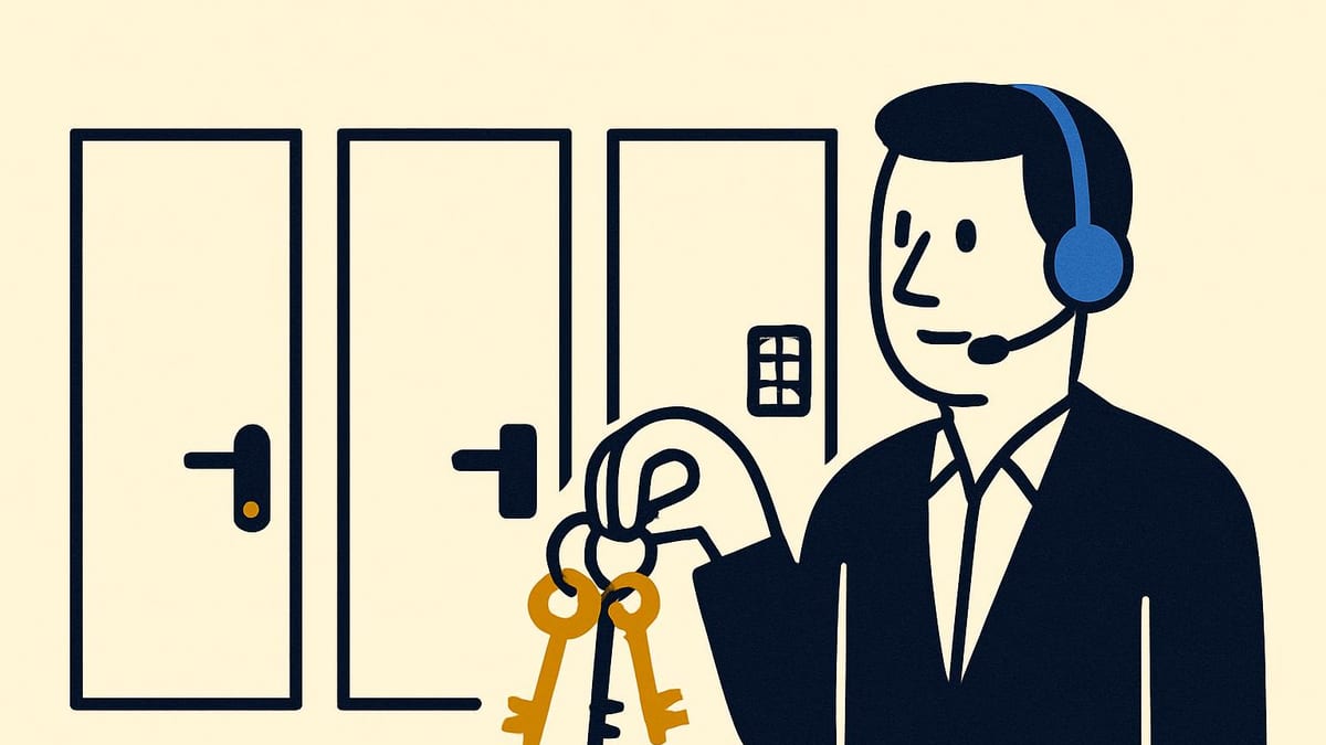 three office doors side by side, each with a different lock, and one agent holding three keys three office doors side by side, each with a different lock, and one agent holding three keys