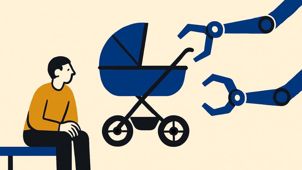 a stroller being compared by two robot arms while a parent waits on a bench a stroller being compared by two robot arms while a parent waits on a bench