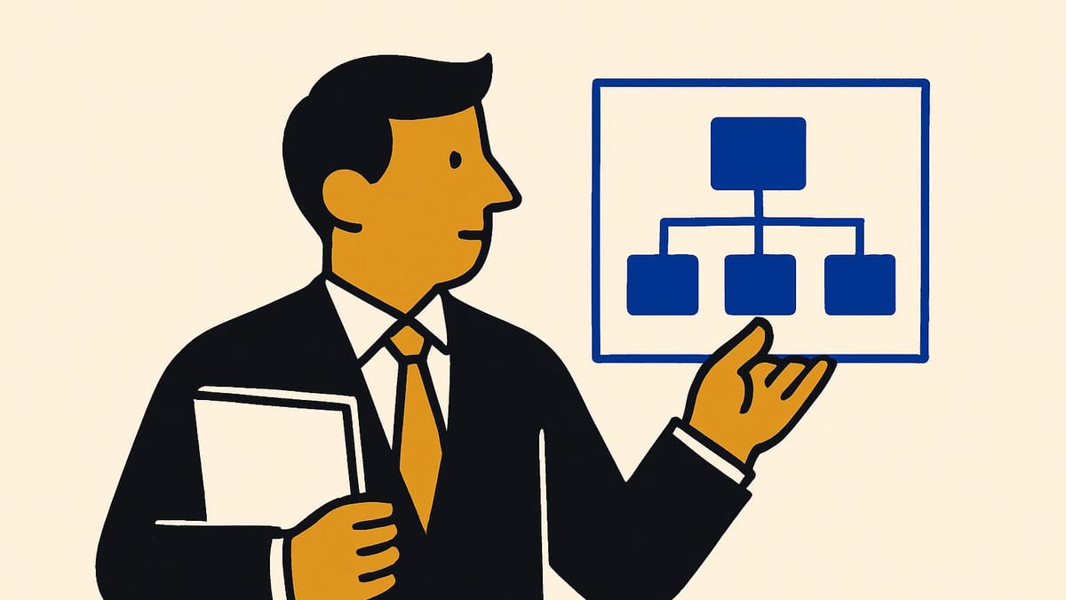 a middle manager holding two org charts, the old one folded shut and the new one open a middle manager holding two org charts, the old one folded shut and the new one open