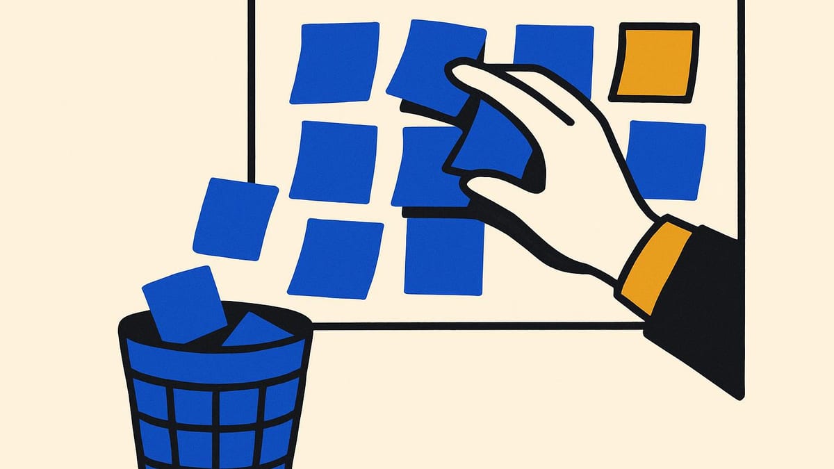 a whiteboard covered in sticky notes with a hand lifting most of them off into a bin a whiteboard covered in sticky notes with a hand lifting most of them off into a bin
