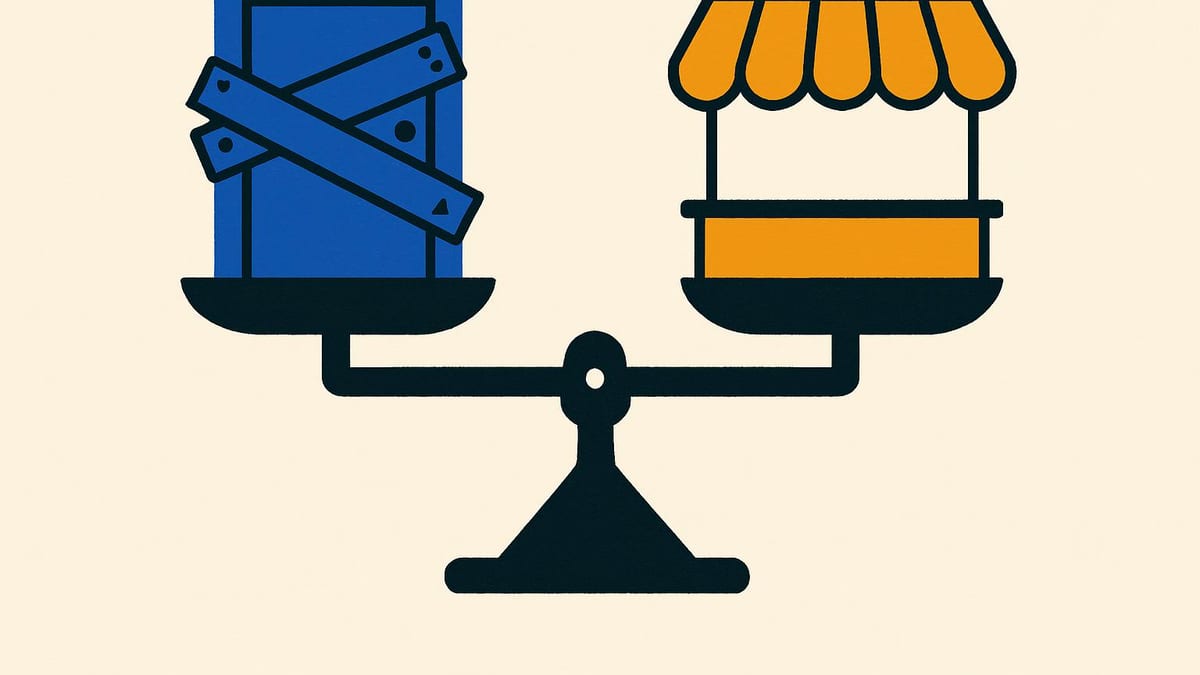 een weegschaal met links een dichtgetimmerde winkeldeur en rechts een open balie met een luifel een weegschaal met links een dichtgetimmerde winkeldeur en rechts een open balie met een luifel