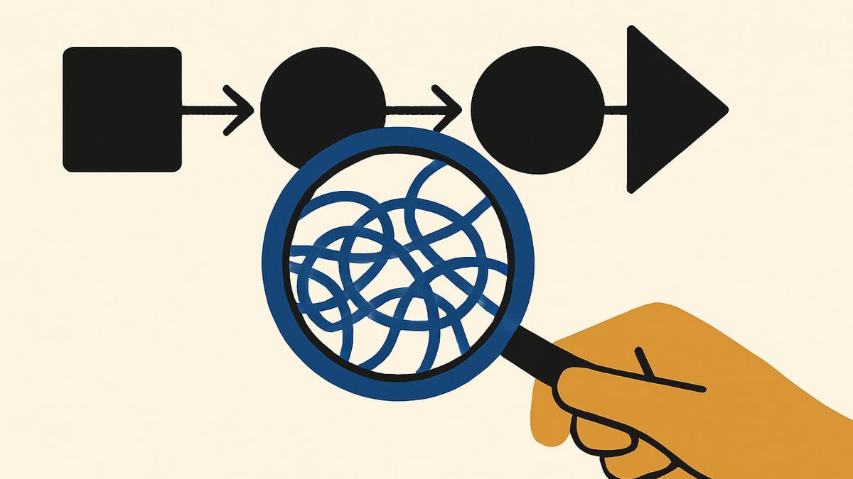a magnifying glass held over a tidy process diagram, revealing a tangle of wires underneath a magnifying glass held over a tidy process diagram, revealing a tangle of wires underneath