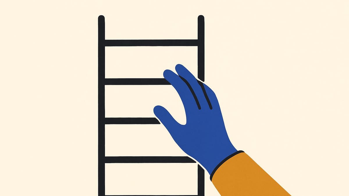 a ladder of five rungs against a wall, with a hand reaching for a rung two above the one it stands on a ladder of five rungs against a wall, with a hand reaching for a rung two above the one it stands on